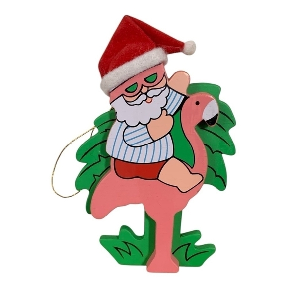 Rare Ornament Santa Claus Riding Pink Flamingo Green Palm Wooden Xmas Ornament - Picture 3 of 4